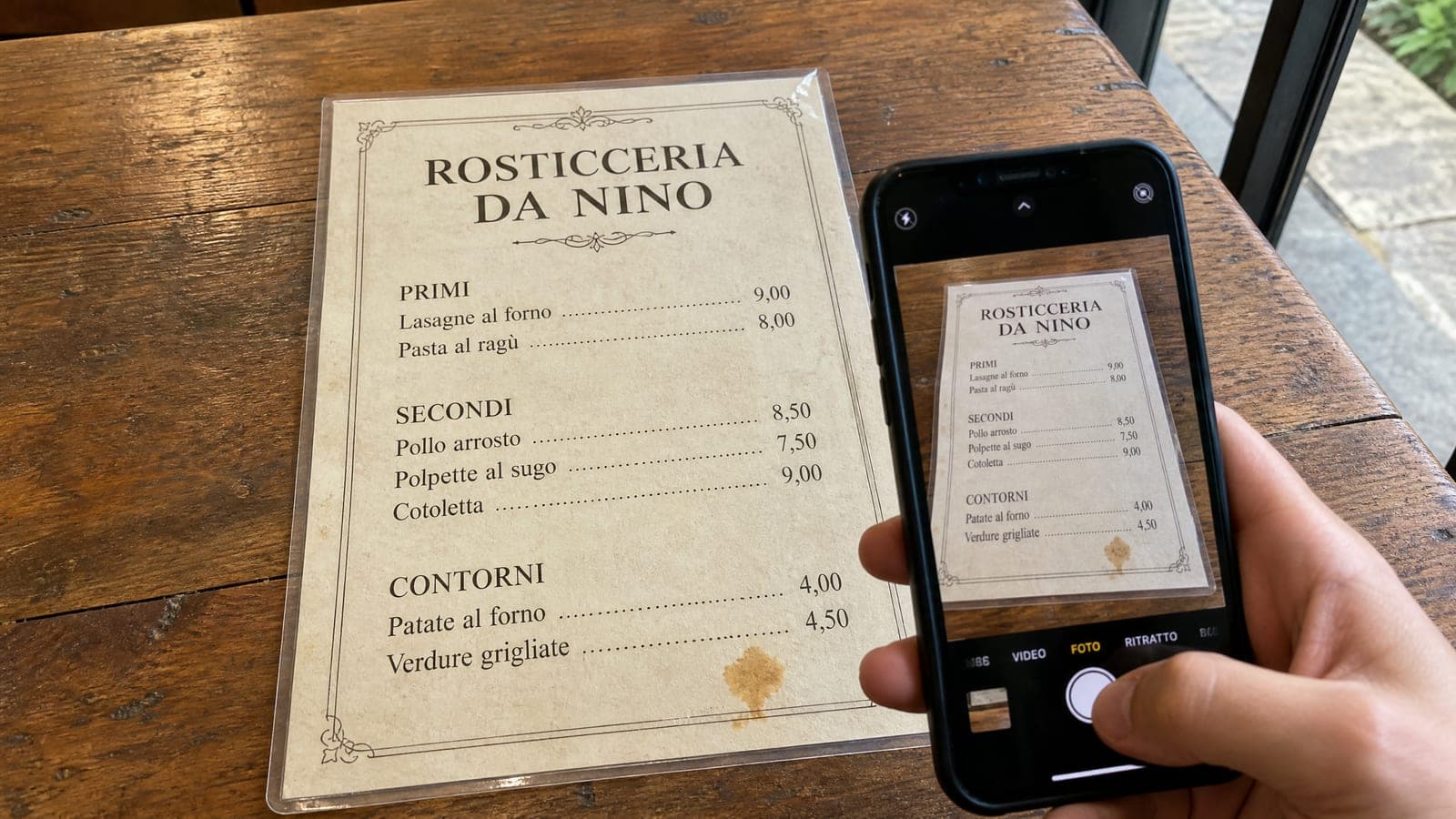Il menù di carta di una rosticceria fotografato con il telefono