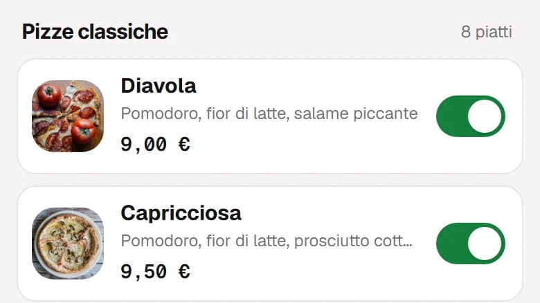 Il menù nel pannello: ogni piatto con foto, ingredienti, prezzo e interruttore
