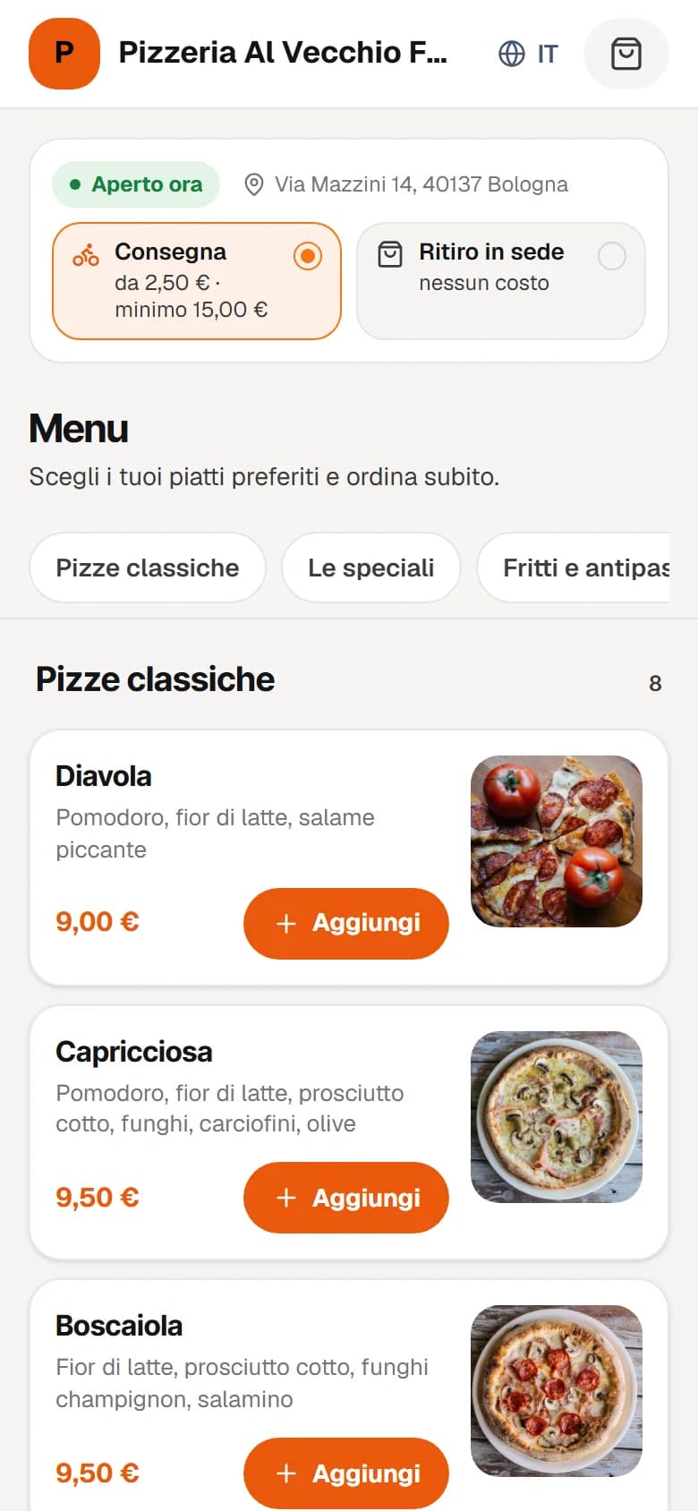 Il sito del locale come lo vede il cliente: aperto, consegna e ritiro, i piatti con le foto e Aggiungi