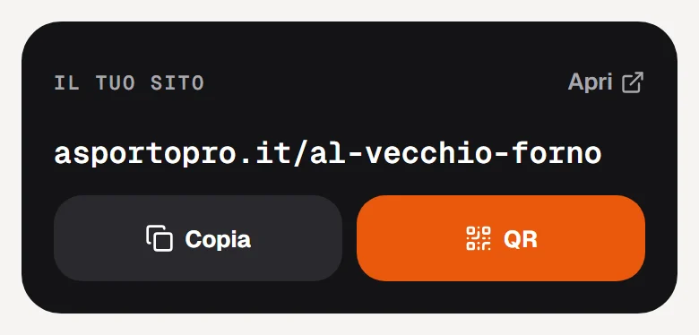 Il link del sito nel pannello, con i pulsanti Copia e QR