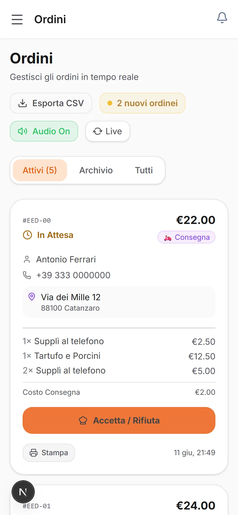 La dashboard ordini di AsportoPro su smartphone